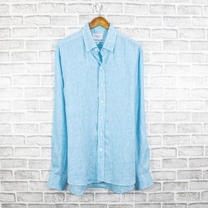 LEDBURY Men's slim fit 100% Linen Button Down Shirt Light Blue Size XL